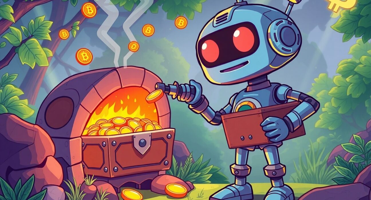 A cartoon robot executing a CELO token buyback and burn mechanism in a vibrant digital ecosystem.
