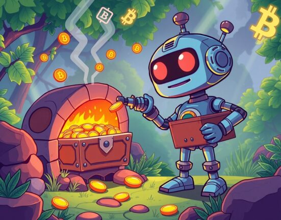 A cartoon robot executing a CELO token buyback and burn mechanism in a vibrant digital ecosystem.
