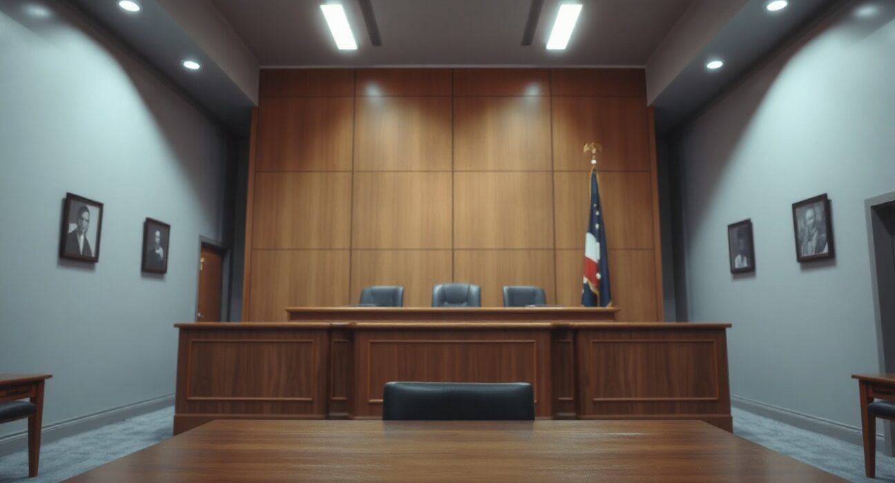 Empty courtroom with judge's bench and defendant's table, representing Alex Mashinsky's legal motion to vacate his 12-year sentence