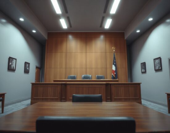 Empty courtroom with judge's bench and defendant's table, representing Alex Mashinsky's legal motion to vacate his 12-year sentence