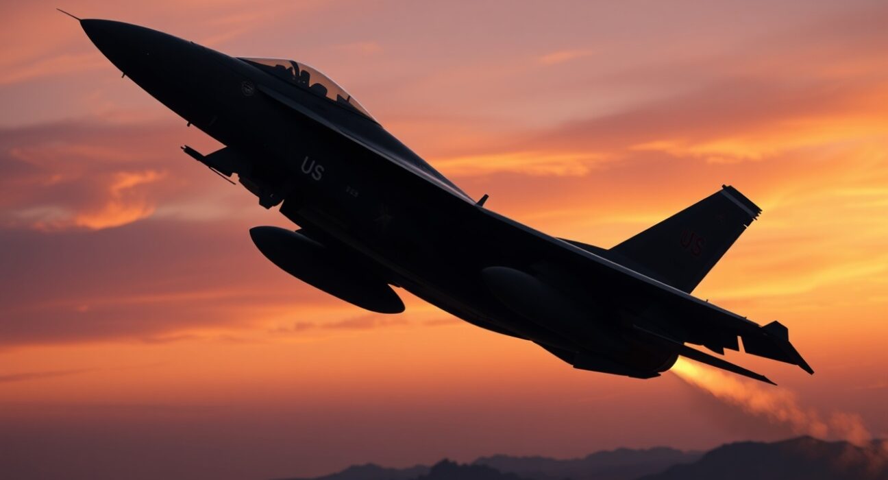 U.S. military aircraft flying over desert at dusk during airstrike operations