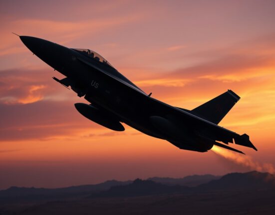 U.S. military aircraft flying over desert at dusk during airstrike operations