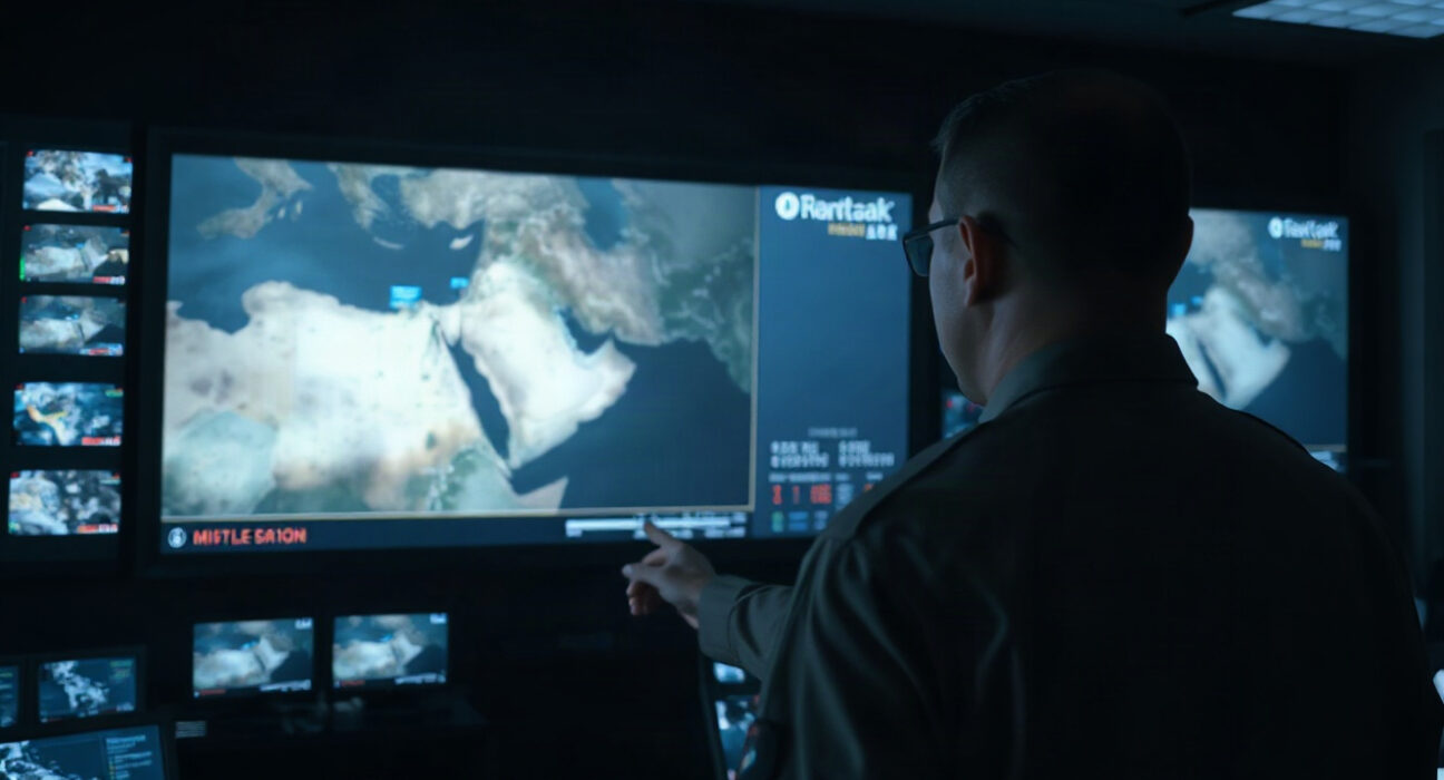 U.S. Central Command operations room with officer monitoring Middle East airstrike map