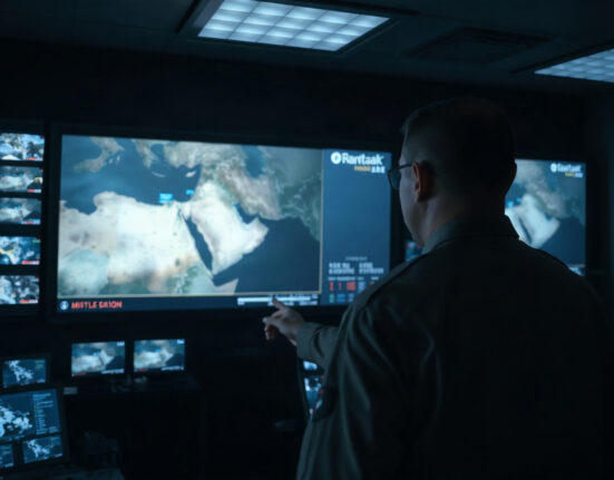 U.S. Central Command operations room with officer monitoring Middle East airstrike map