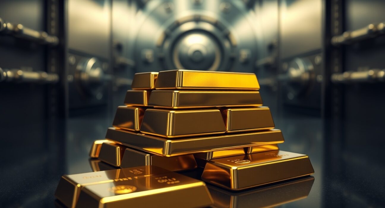 Stack of gold bars in a bank vault representing central bank gold reserves.