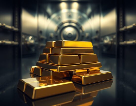 Stack of gold bars in a bank vault representing central bank gold reserves.