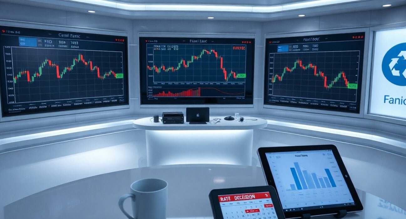 Multiple financial screens showing forex charts and central bank logos in a modern news studio.
