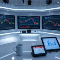 Multiple financial screens showing forex charts and central bank logos in a modern news studio.