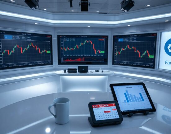 Multiple financial screens showing forex charts and central bank logos in a modern news studio.
