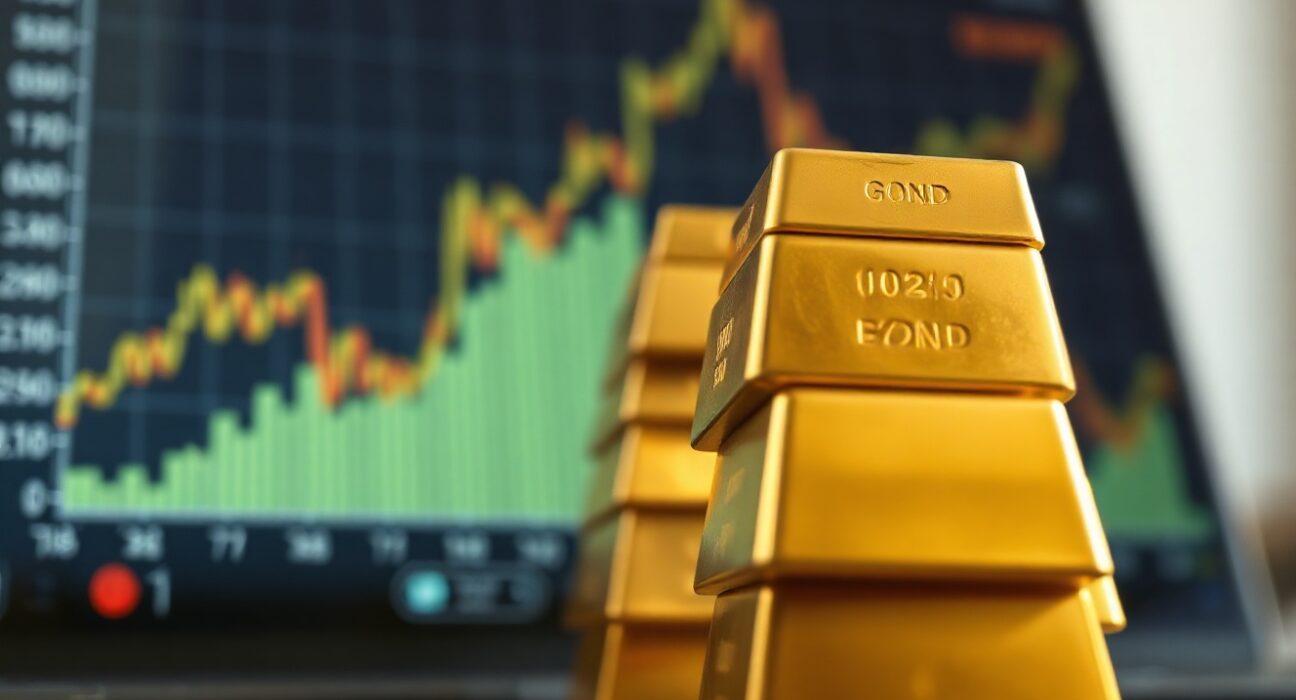 Gold bars in focus with blurred US Treasury bonds in background representing central bank shift from Treasuries to gold.