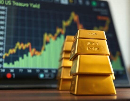 Gold bars in focus with blurred US Treasury bonds in background representing central bank shift from Treasuries to gold.