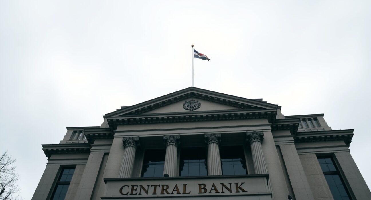 Exterior view of a central bank building under overcast sky, representing monetary policy shifts.