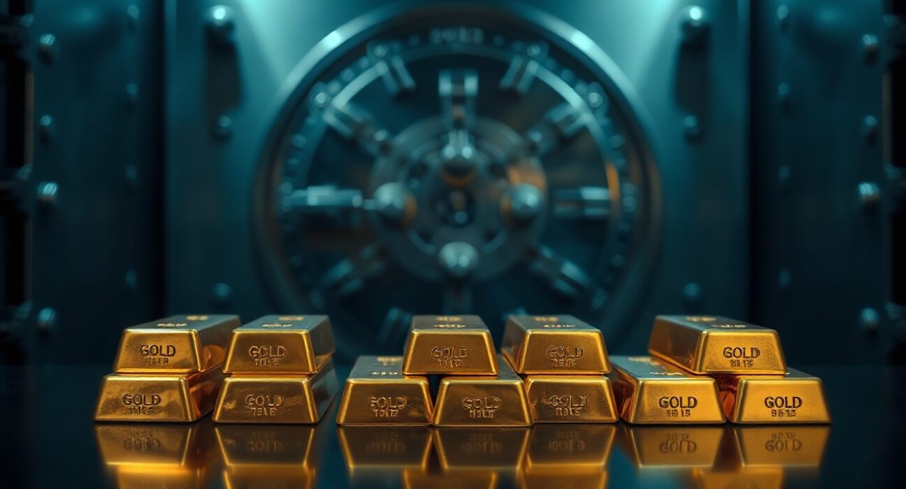 Stacked gold bars in a secure vault representing central bank gold reserves