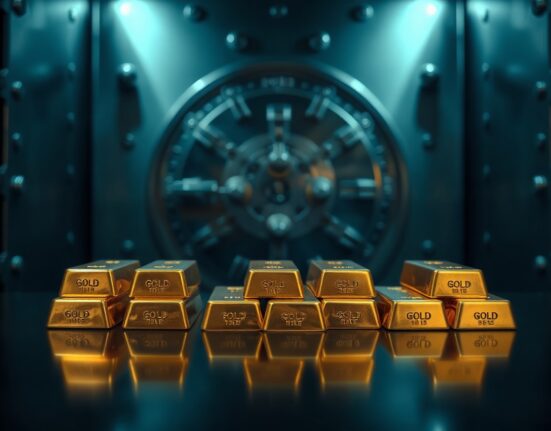 Stacked gold bars in a secure vault representing central bank gold reserves