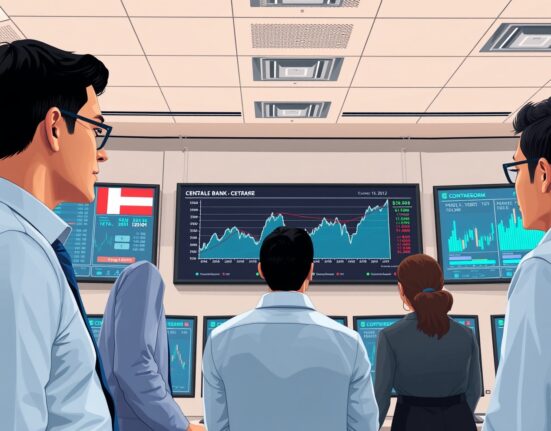 Central bank analysts monitoring Gulf region economic data and financial stability indicators in control room