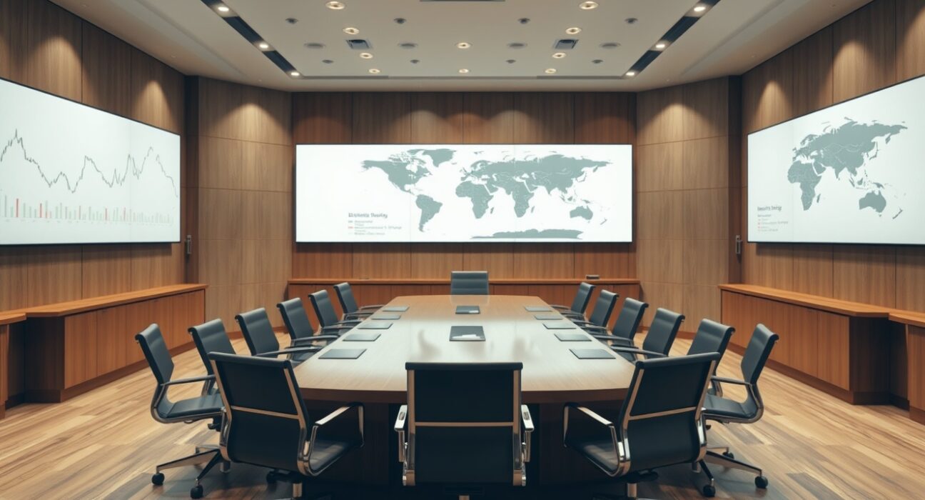 Empty central bank boardroom with financial charts on screens