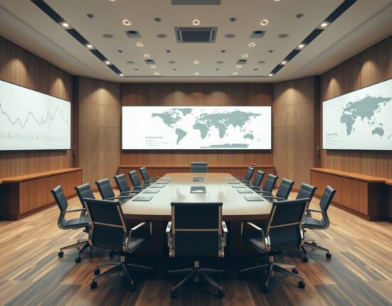 Empty central bank boardroom with financial charts on screens