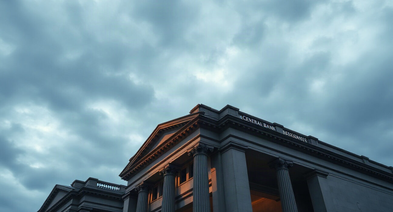 Central bank headquarters under a dramatic sky, symbolizing the dollar's new premium status.