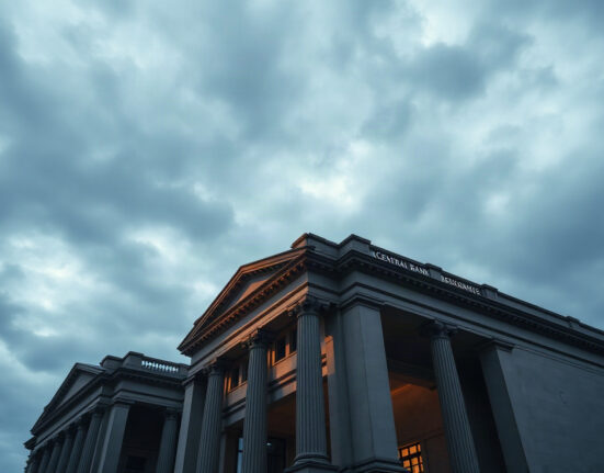Central bank headquarters under a dramatic sky, symbolizing the dollar's new premium status.