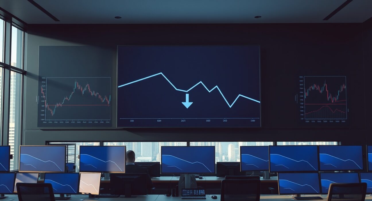 Analysis of the 48% centralized exchange volume decline showing downward trends on trading floor displays.