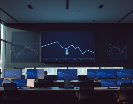 Analysis of the 48% centralized exchange volume decline showing downward trends on trading floor displays.