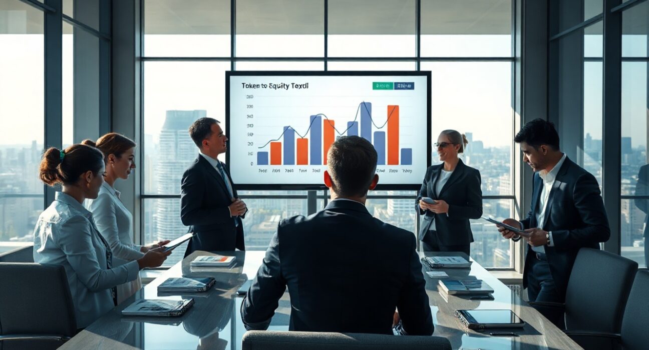 Corporate professionals reviewing a token-to-equity conversion proposal in a modern boardroom.