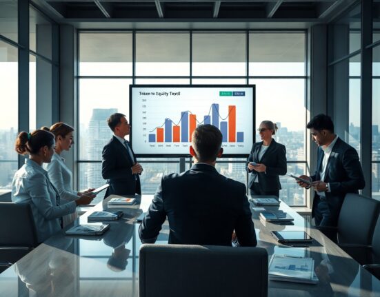 Corporate professionals reviewing a token-to-equity conversion proposal in a modern boardroom.