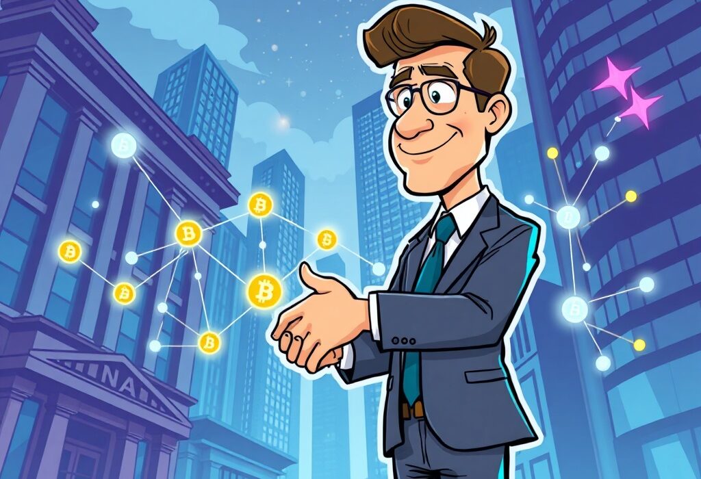 A cartoon illustration showing Centrifuge's new COO joining to drive RWA tokenization and institutional crypto adoption.