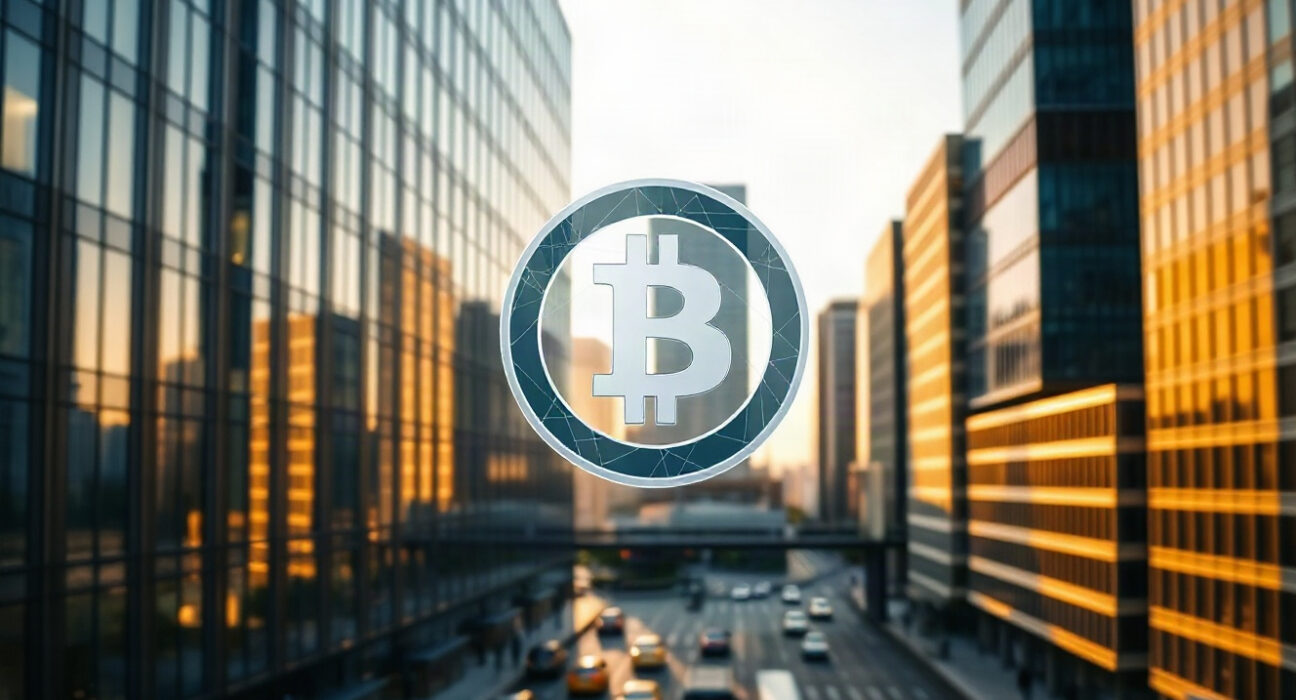 Digital overlay of blockchain network over modern financial district skyline representing tokenized fund redemptions.