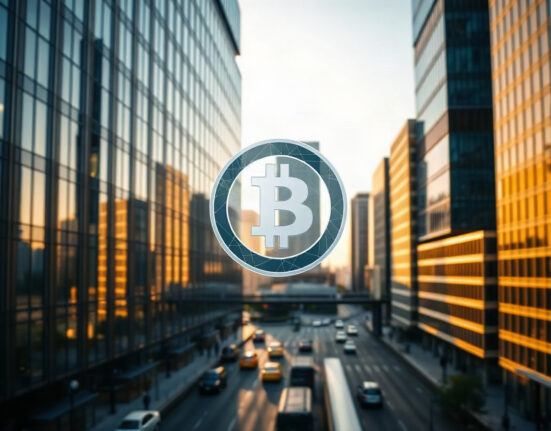 Digital overlay of blockchain network over modern financial district skyline representing tokenized fund redemptions.