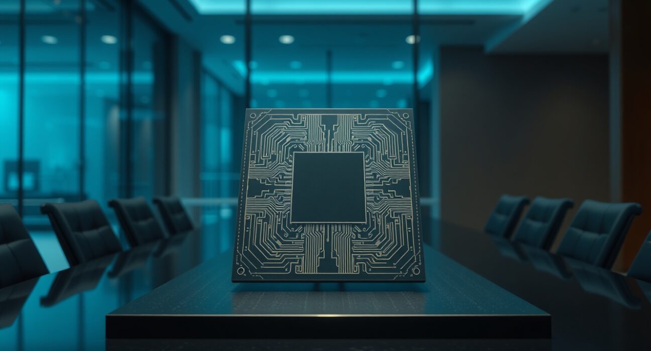 Cerebras wafer-scale AI chip displayed on a dark stand in a modern boardroom.