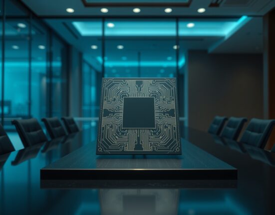 Cerebras wafer-scale AI chip displayed on a dark stand in a modern boardroom.