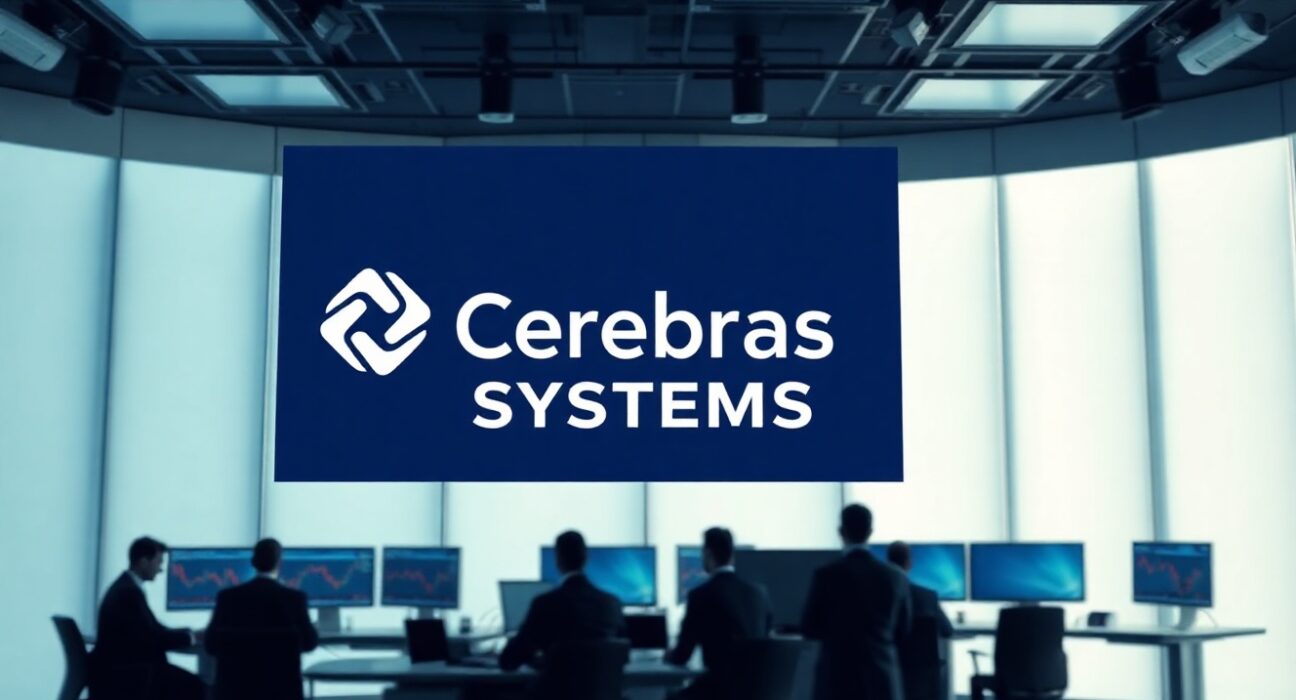 Cerebras logo displayed on a screen in a financial trading news studio with stock charts in background