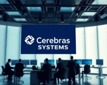 Cerebras logo displayed on a screen in a financial trading news studio with stock charts in background