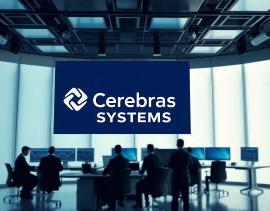 Cerebras logo displayed on a screen in a financial trading news studio with stock charts in background