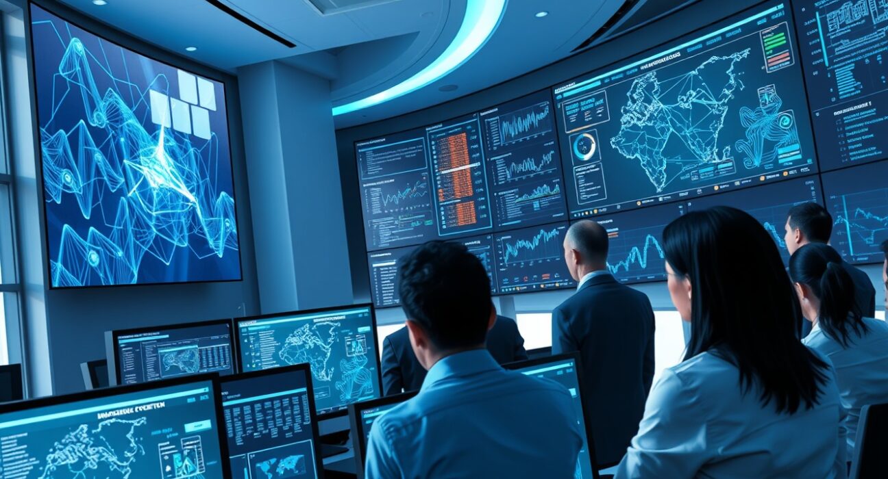 Global security team monitoring blockchain activity in operations center for cryptocurrency crime prevention