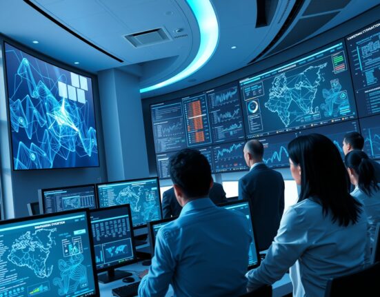 Global security team monitoring blockchain activity in operations center for cryptocurrency crime prevention
