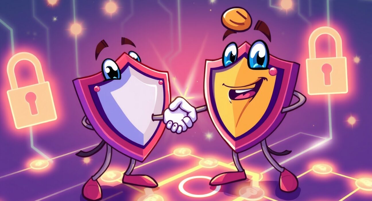 Cartoon illustration of the powerful CertiK partners with NEXUS alliance securing a blockchain network.