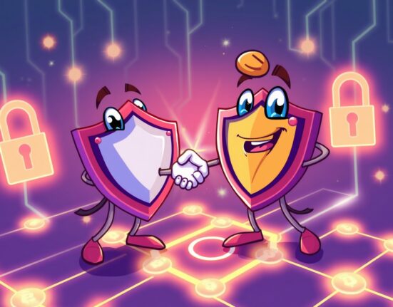 Cartoon illustration of the powerful CertiK partners with NEXUS alliance securing a blockchain network.