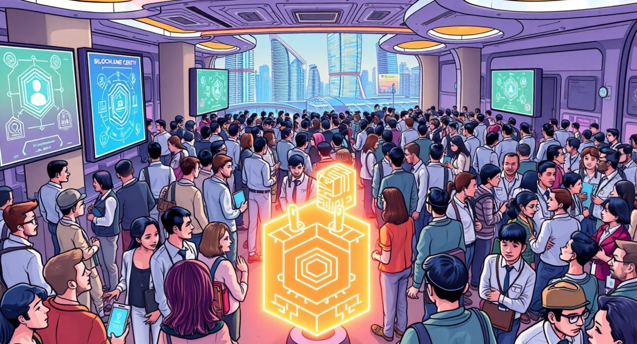 Cartoon illustration of industry leaders networking at a crypto conference, highlighting CertiK Token2049's role in advancing blockchain security.