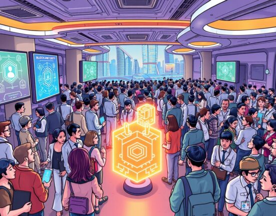 Cartoon illustration of industry leaders networking at a crypto conference, highlighting CertiK Token2049's role in advancing blockchain security.
