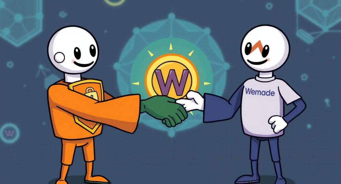 Cartoon illustration of CertiK and Wemade mascots partnering to enhance won-denominated stablecoin security within a vibrant Web3 ecosystem.