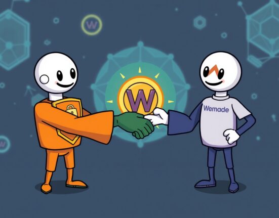 Cartoon illustration of CertiK and Wemade mascots partnering to enhance won-denominated stablecoin security within a vibrant Web3 ecosystem.