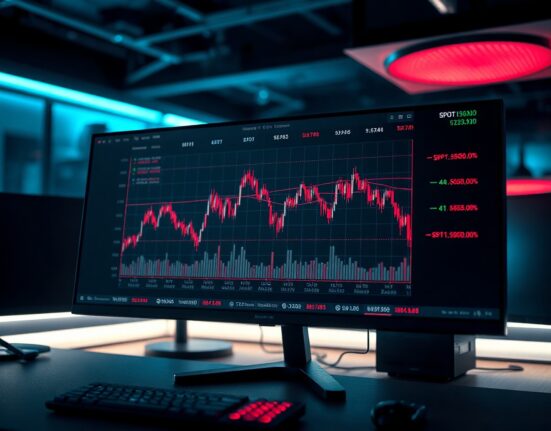 Cryptocurrency trading dashboard showing declining spot and futures volume charts in a dimly lit office.