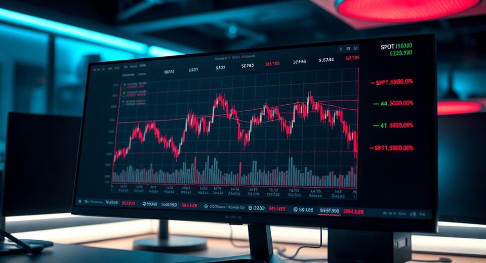 Cryptocurrency trading dashboard showing declining spot and futures volume charts in a dimly lit office.