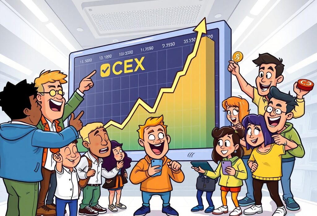 A cartoon illustration showing a soaring chart representing the significant increase in CEX spot trading volume, with excited traders observing.