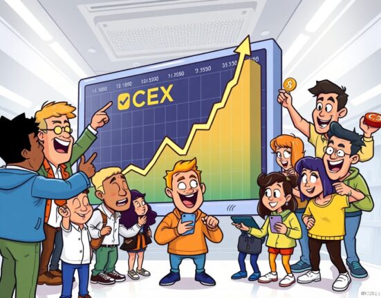 A cartoon illustration showing a soaring chart representing the significant increase in CEX spot trading volume, with excited traders observing.