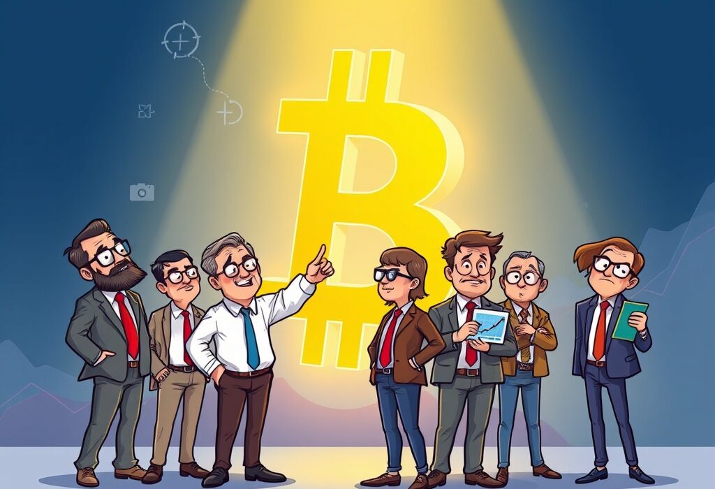 A cartoon illustration depicting CFOs contemplating the strategic future of CFOs crypto adoption in business.