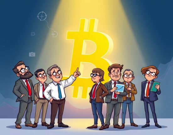 A cartoon illustration depicting CFOs contemplating the strategic future of CFOs crypto adoption in business.