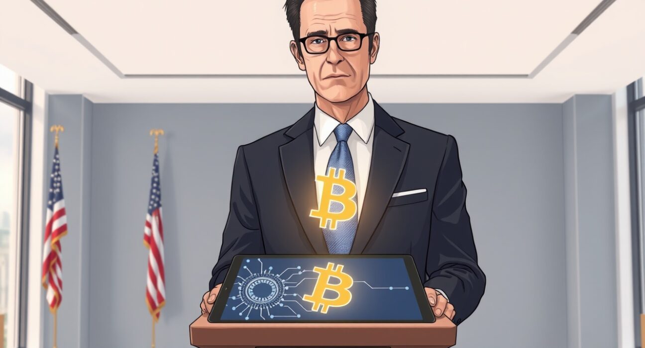 US CFTC Chairman Michael Selig stands at a podium with a tablet displaying AI and cryptocurrency symbols, representing the agency's use of AI for crypto registration reviews.